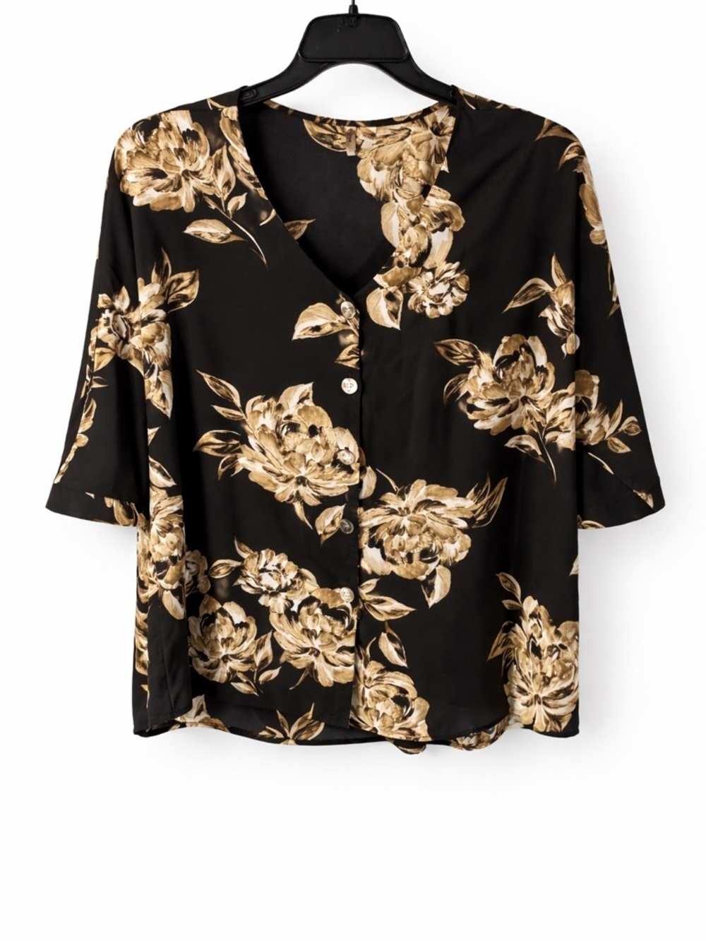 Plus Size 18/20W Black Floral Blouse Gold Beige Flowy Button Front Top - Picture 2 of 11